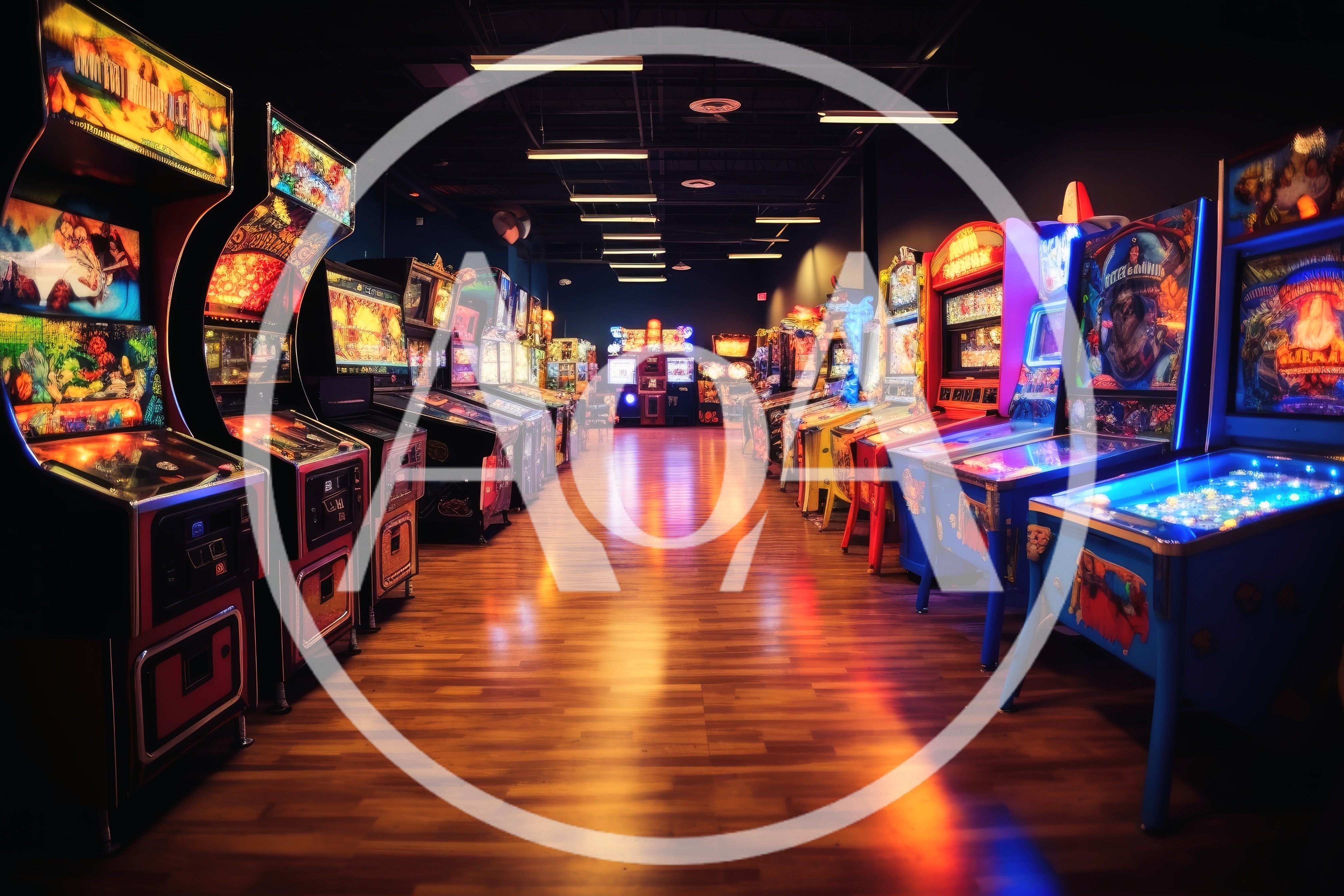 Rows Of Vintage Pinball Machines In A Dark Arcade