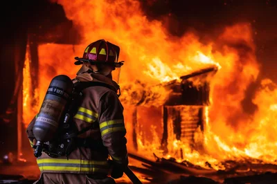 Firefighter Standing Before A Burning Building