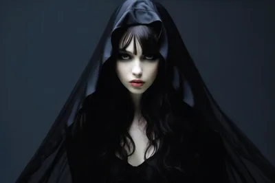 Gothic Woman With Dark Makeup And Black Hood