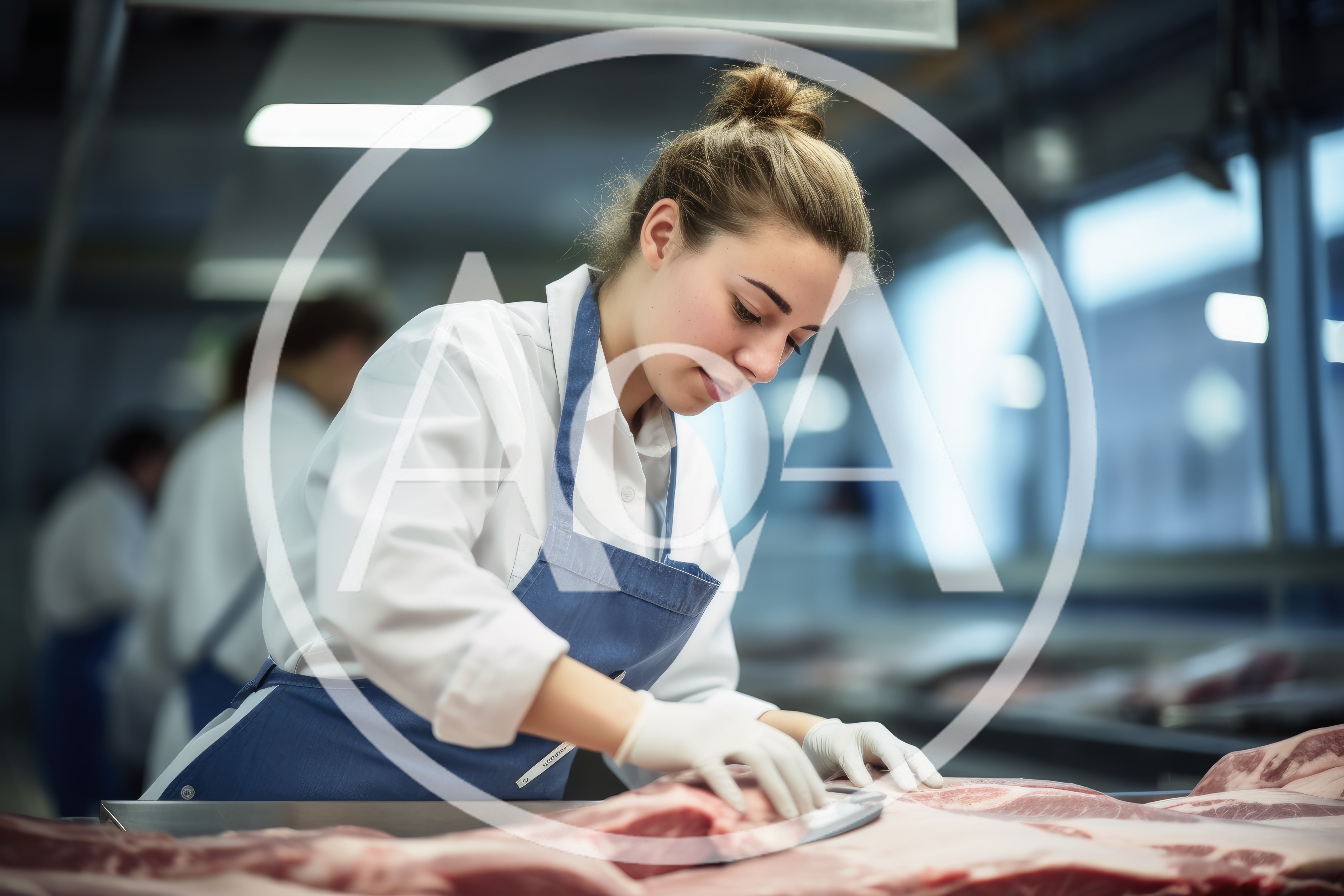 Butcher Preparing Raw Meat In A Processing Facility