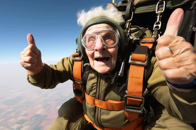 Elderly Woman Skydiving With Thumbs Up