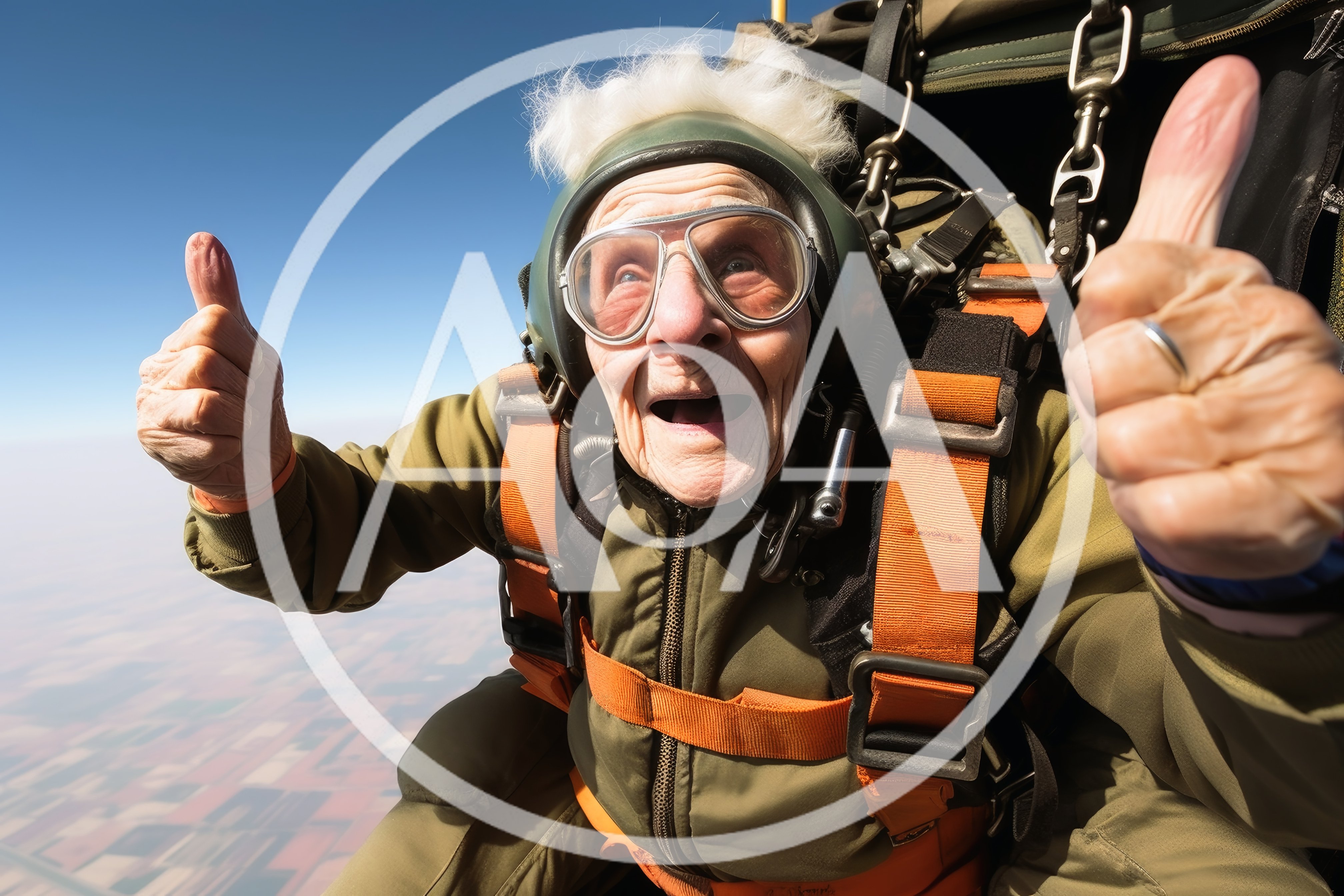 Elderly Woman Skydiving With Thumbs Up
