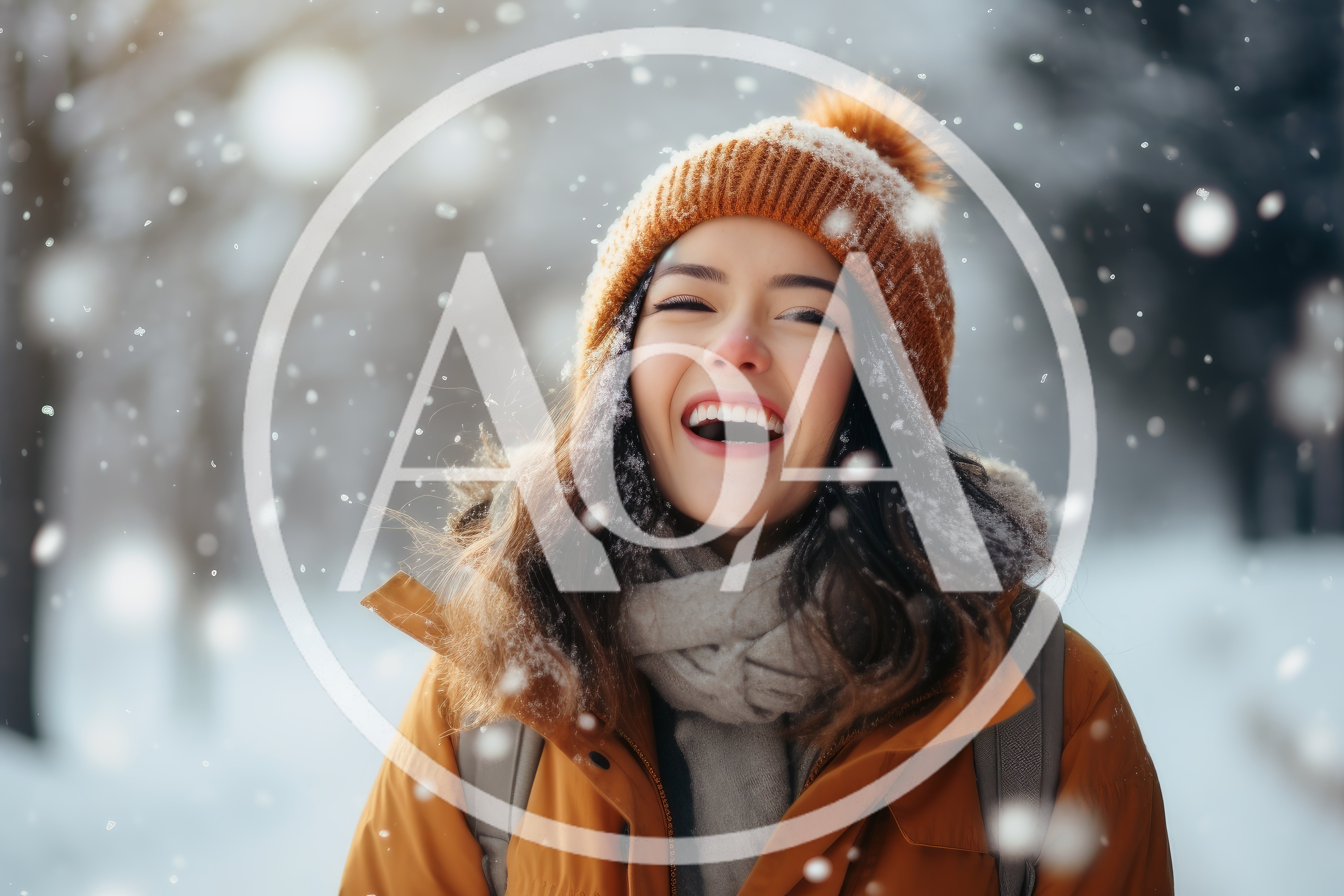 Happy Young Woman Laughing During Winter Snowfall