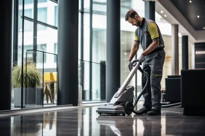 Professional Cleaner Operating Floor Scrubber In Modern Office