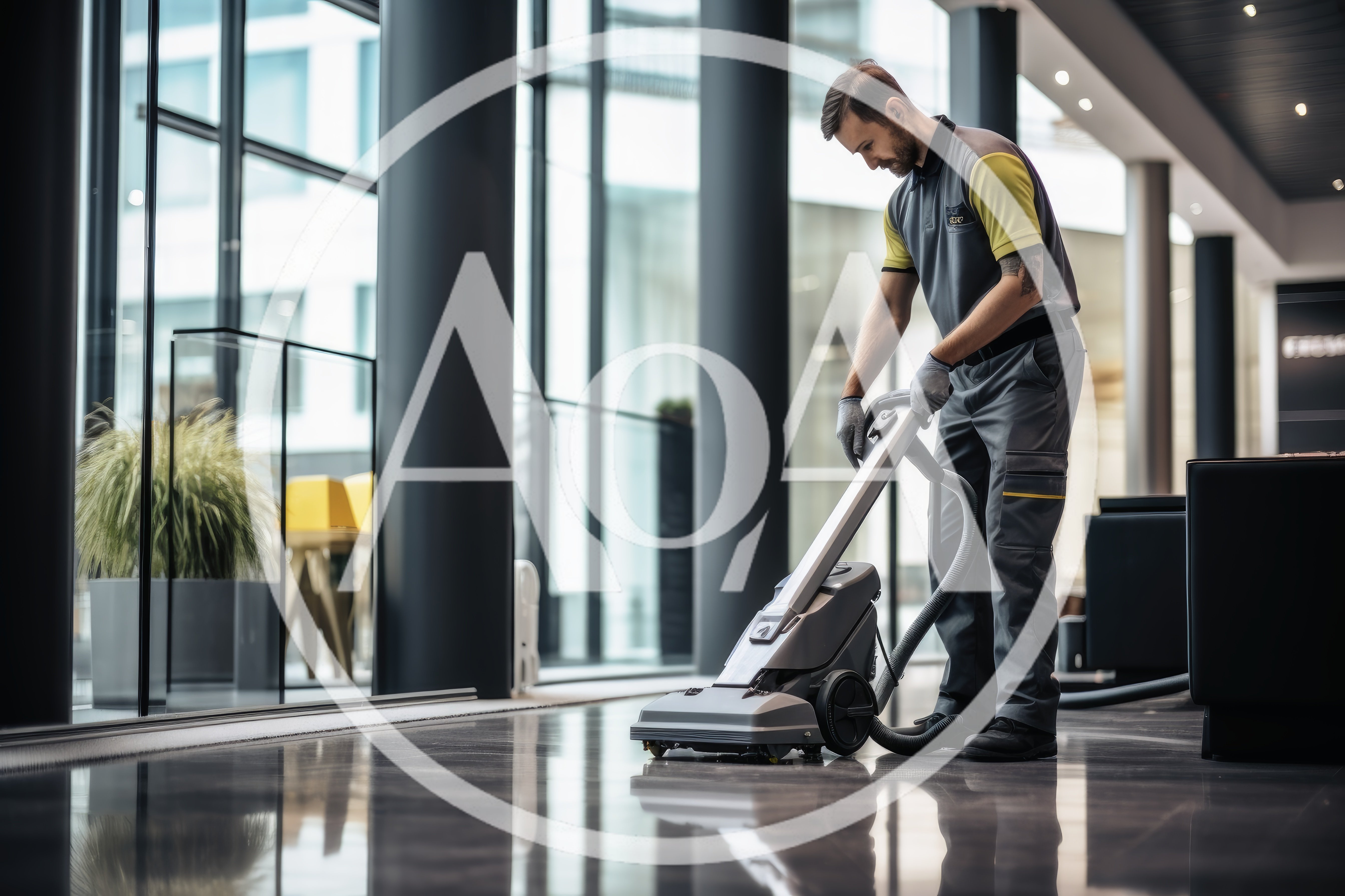 Professional Cleaner Operating Floor Scrubber In Modern Office