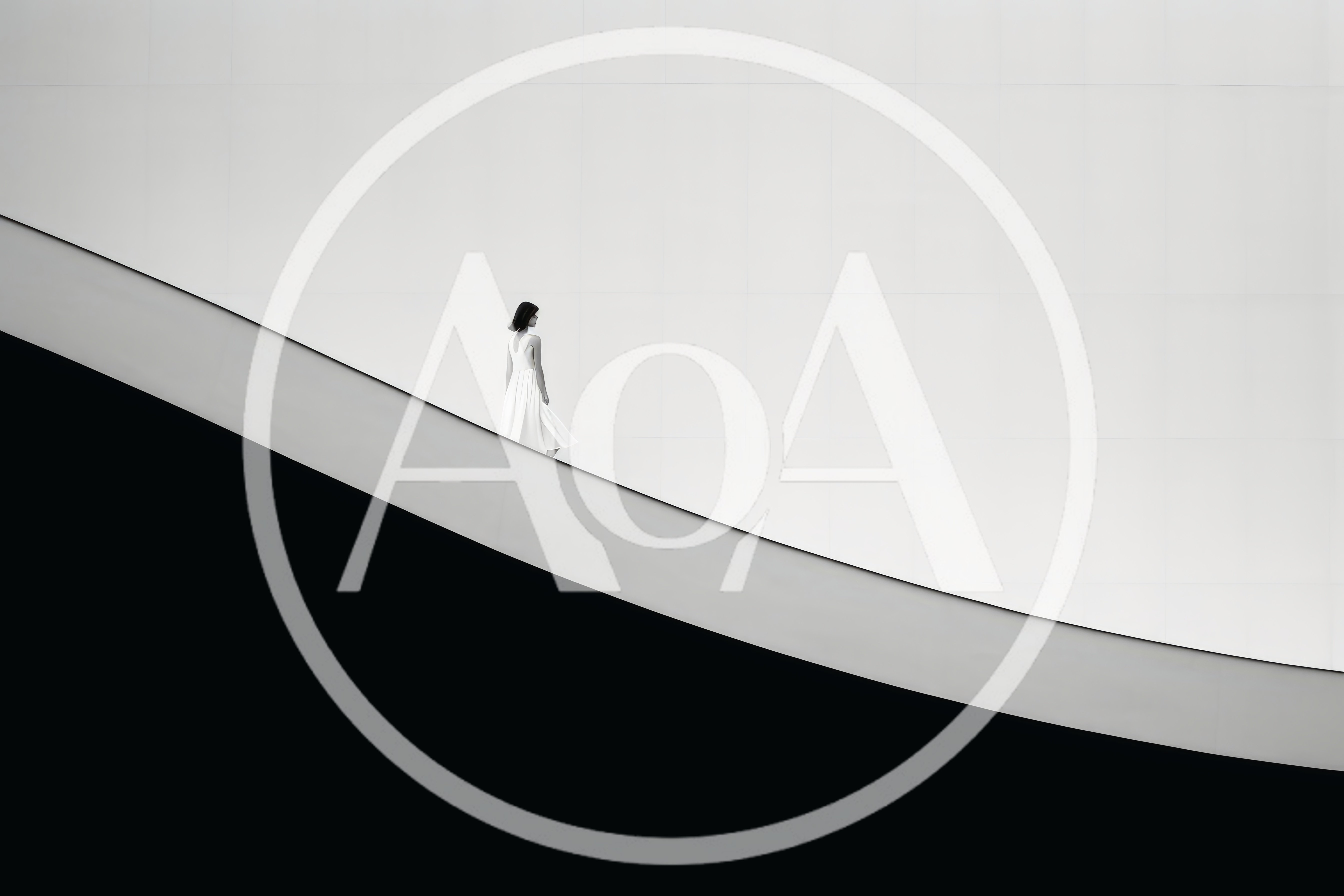 Woman In White Dress Walking On Minimalist Architectural Ramp