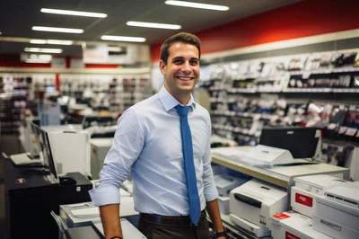 Smiling Office Supply Store Employee Standing At Counter