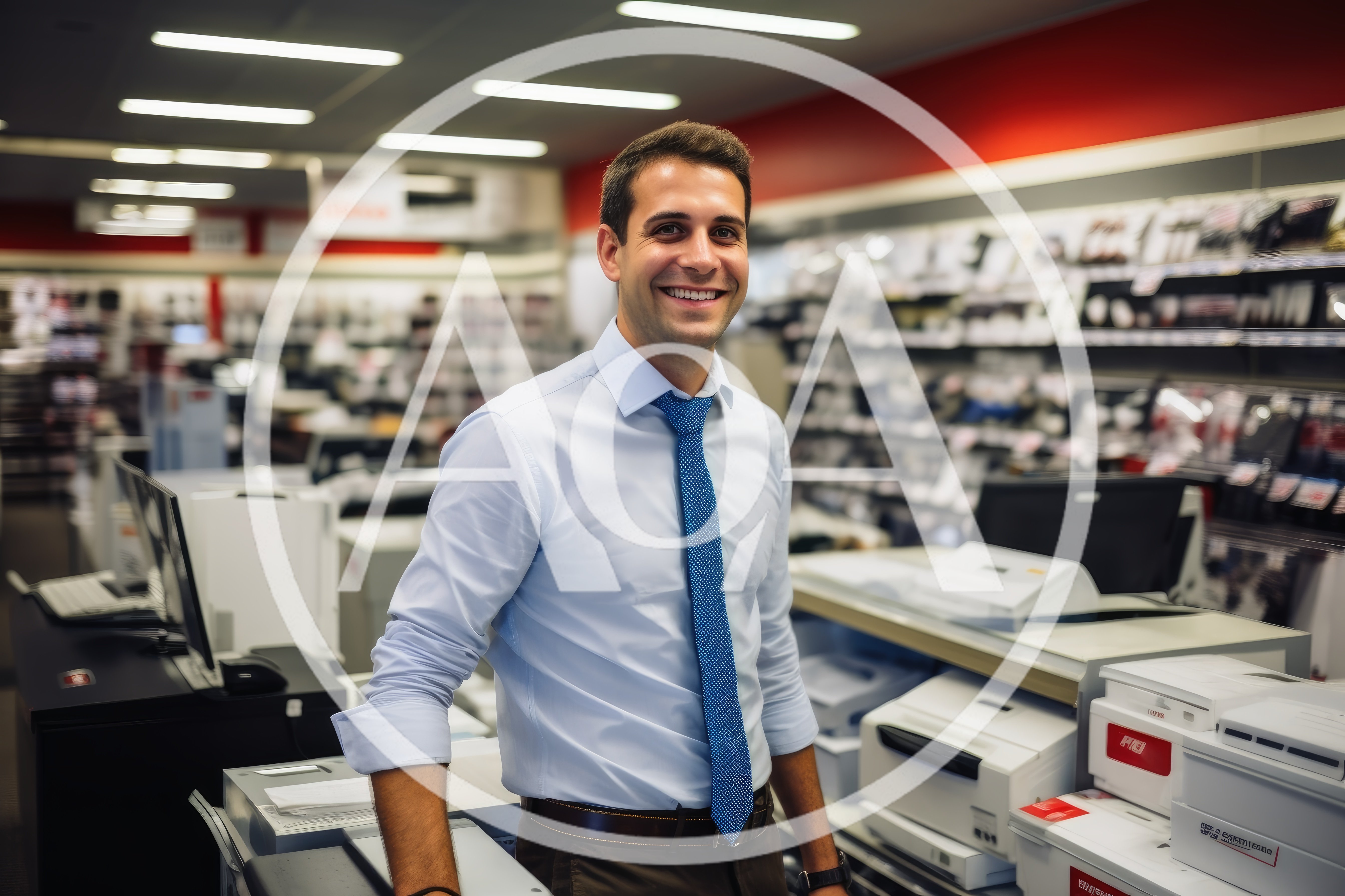 Smiling Office Supply Store Employee Standing At Counter