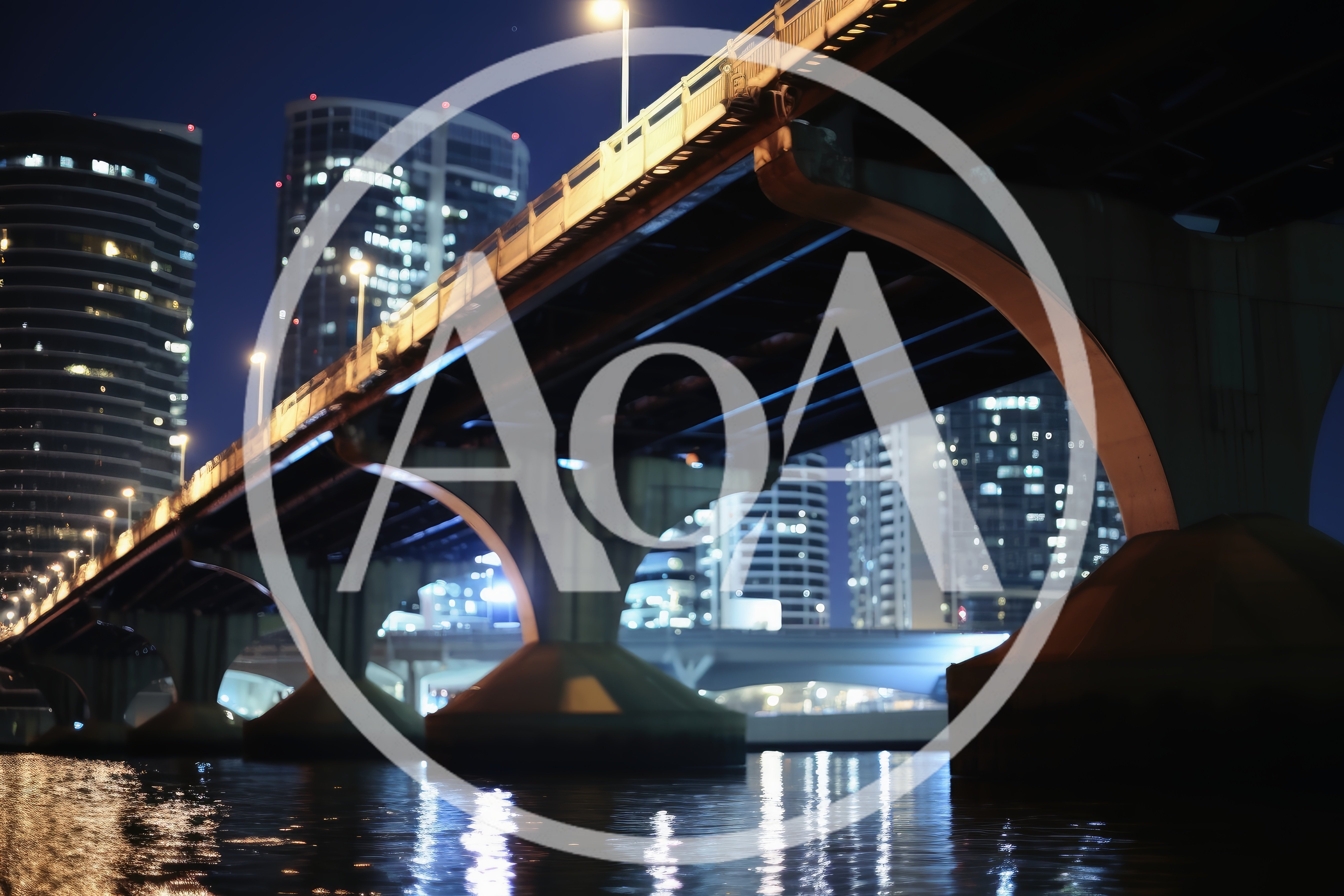 Modern Concrete Bridge Over River At Night