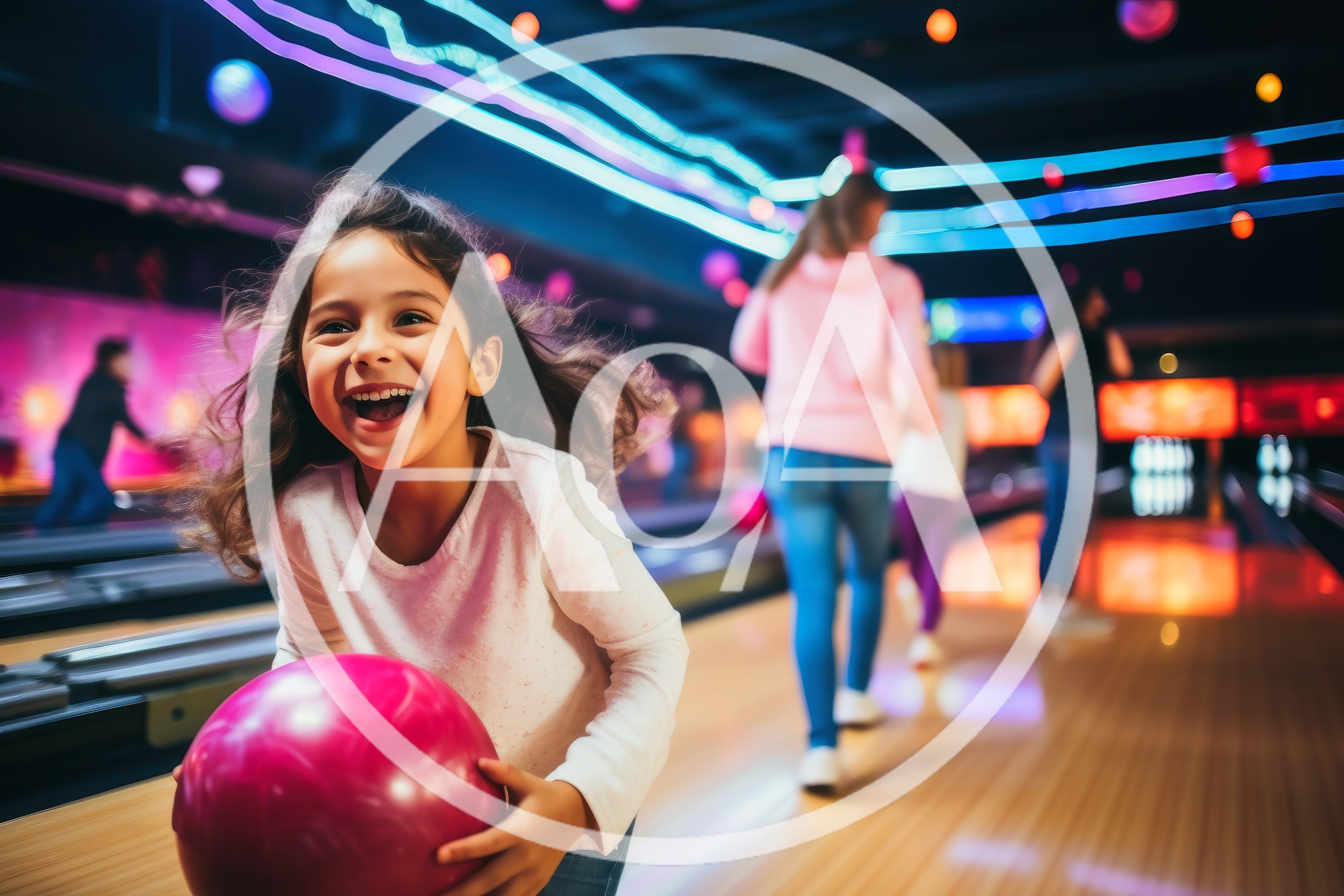 Happy Young Girl Holding Bowling Ball at Alley