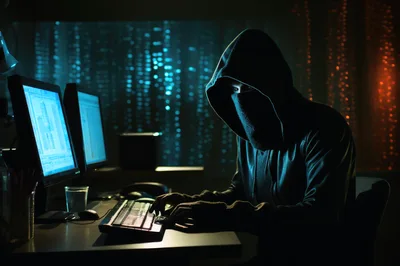 Cyber Hacker Working On Computers In Dark Room