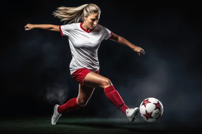 Female Soccer Player Kicking Ball On Dark Background