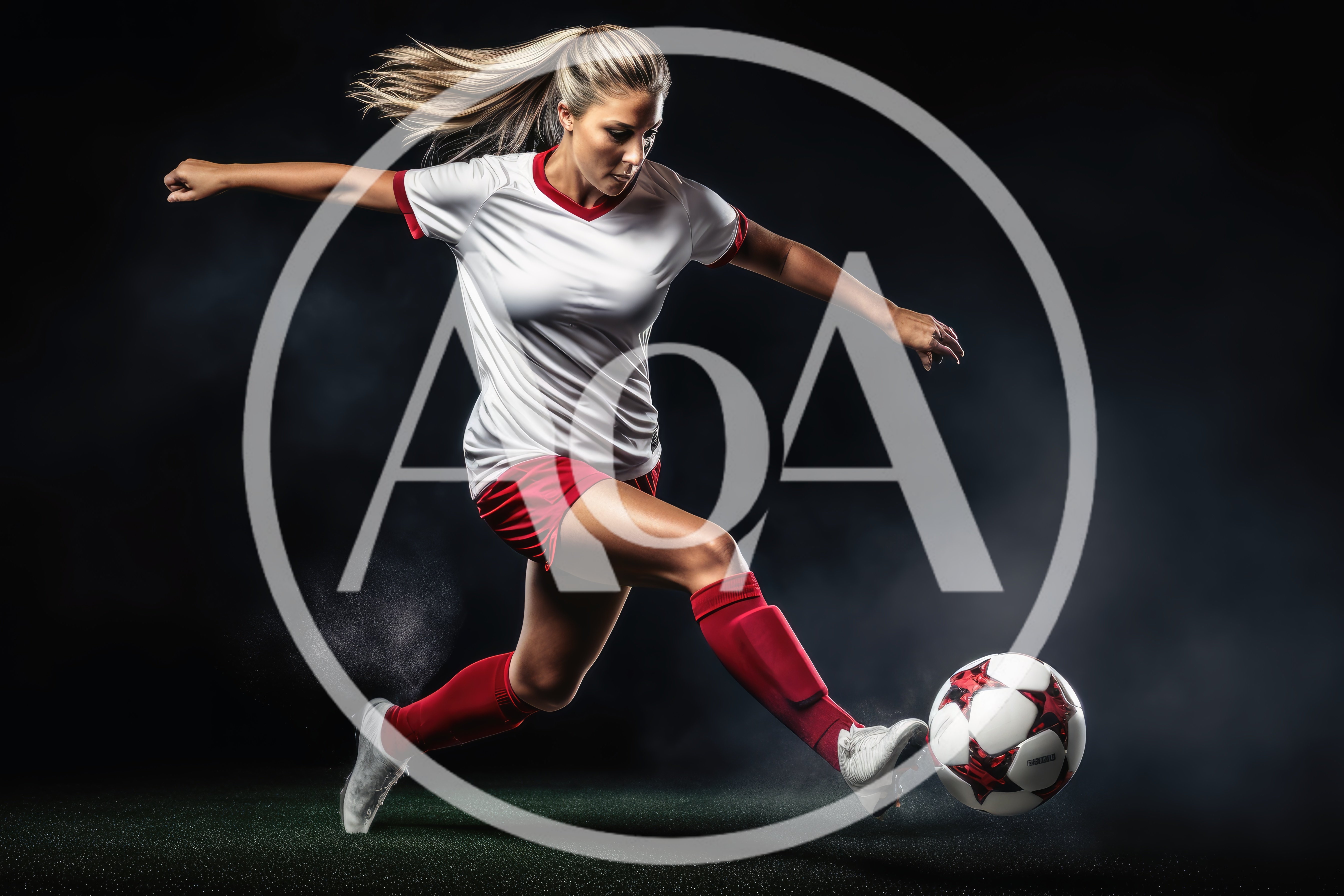 Female Soccer Player Kicking Ball On Dark Background