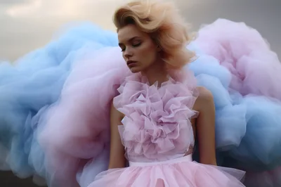 Fashion Model Posing In Ethereal Pink Tulle Dress