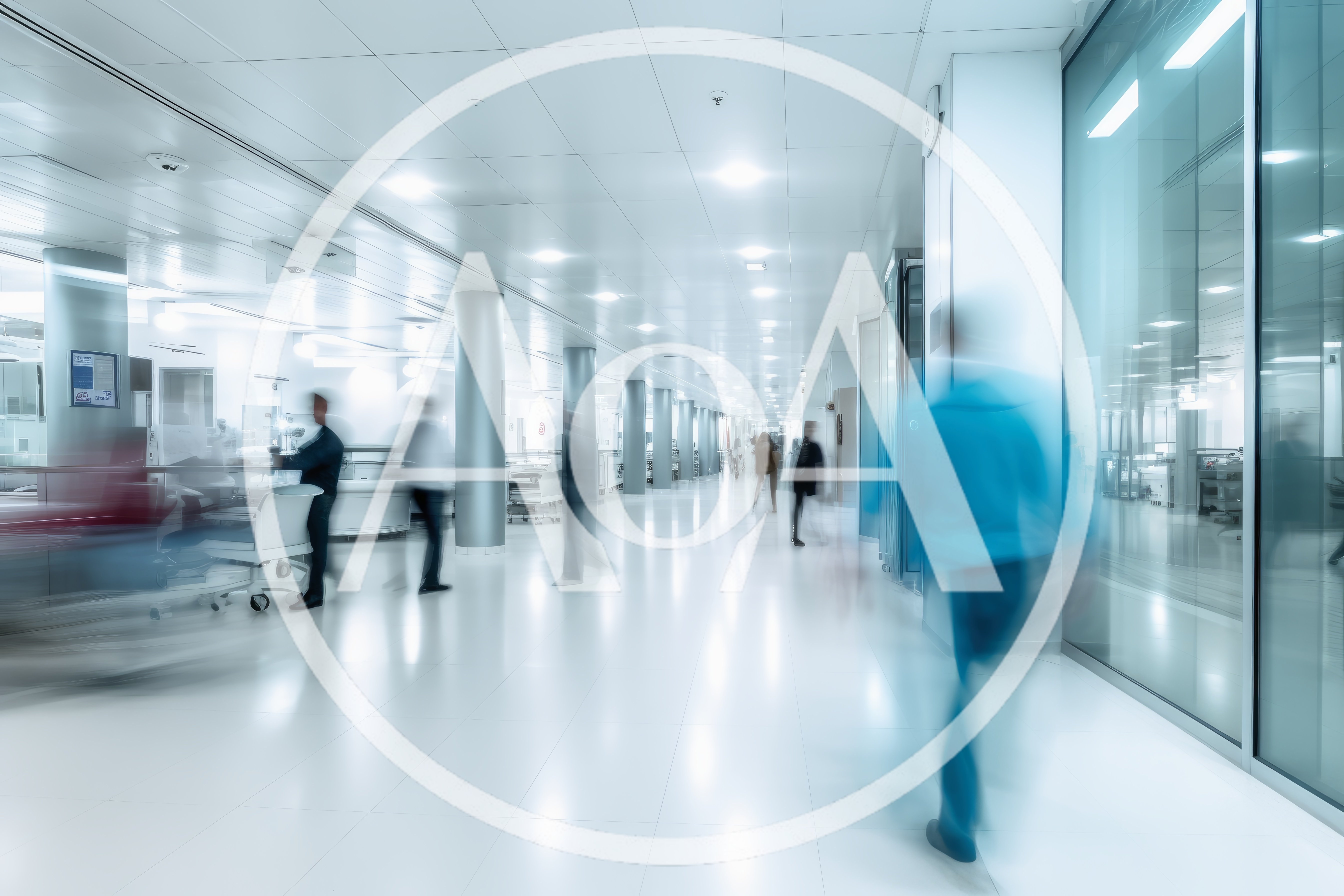 Blurred Medical Staff Walking Through Modern Hospital Corridor