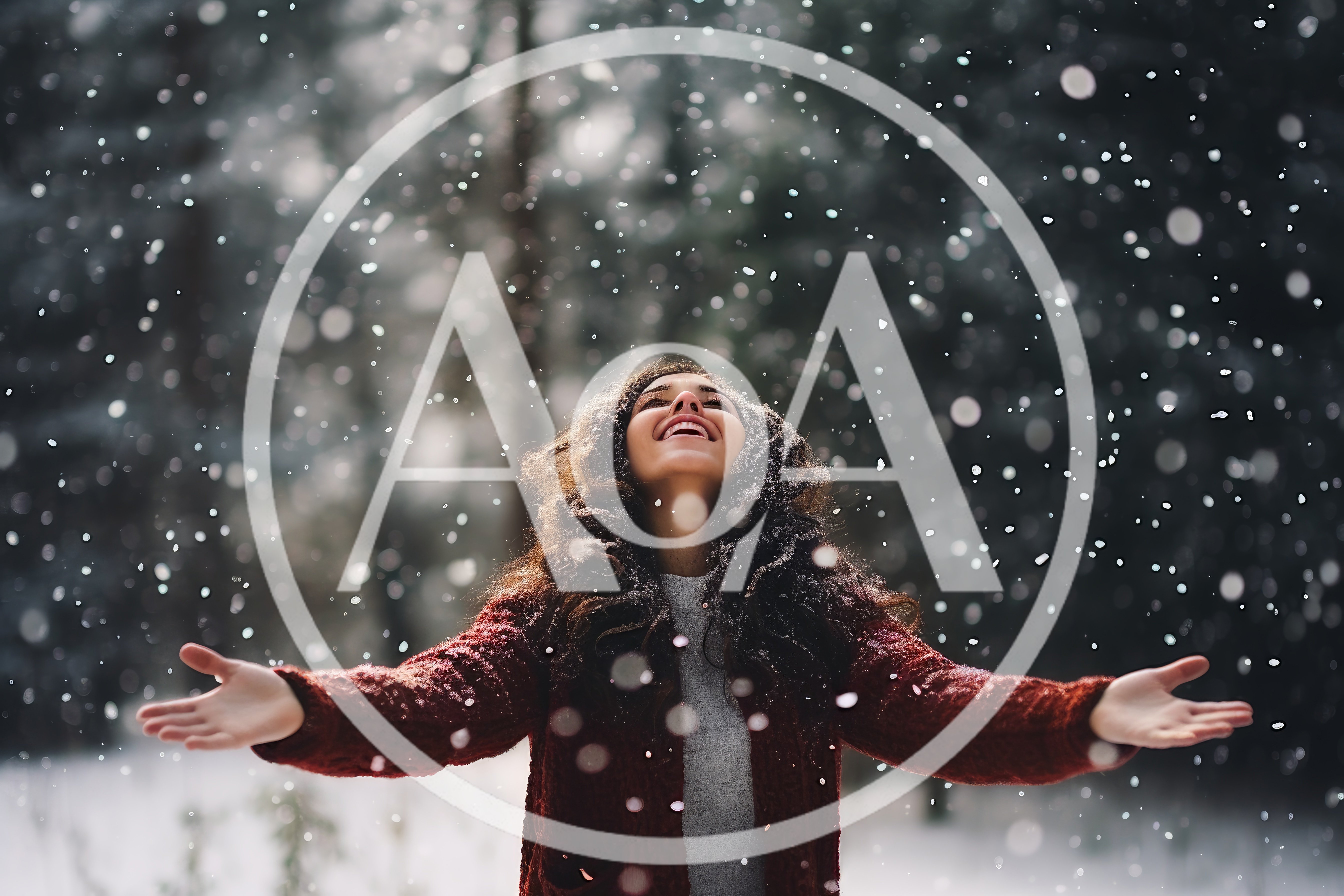 Happy Woman Enjoying Snowfall In Winter Forest