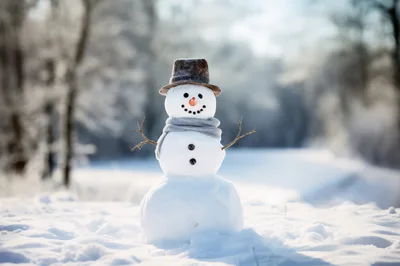 Classic Snowman Standing In A Snowy Winter Forest