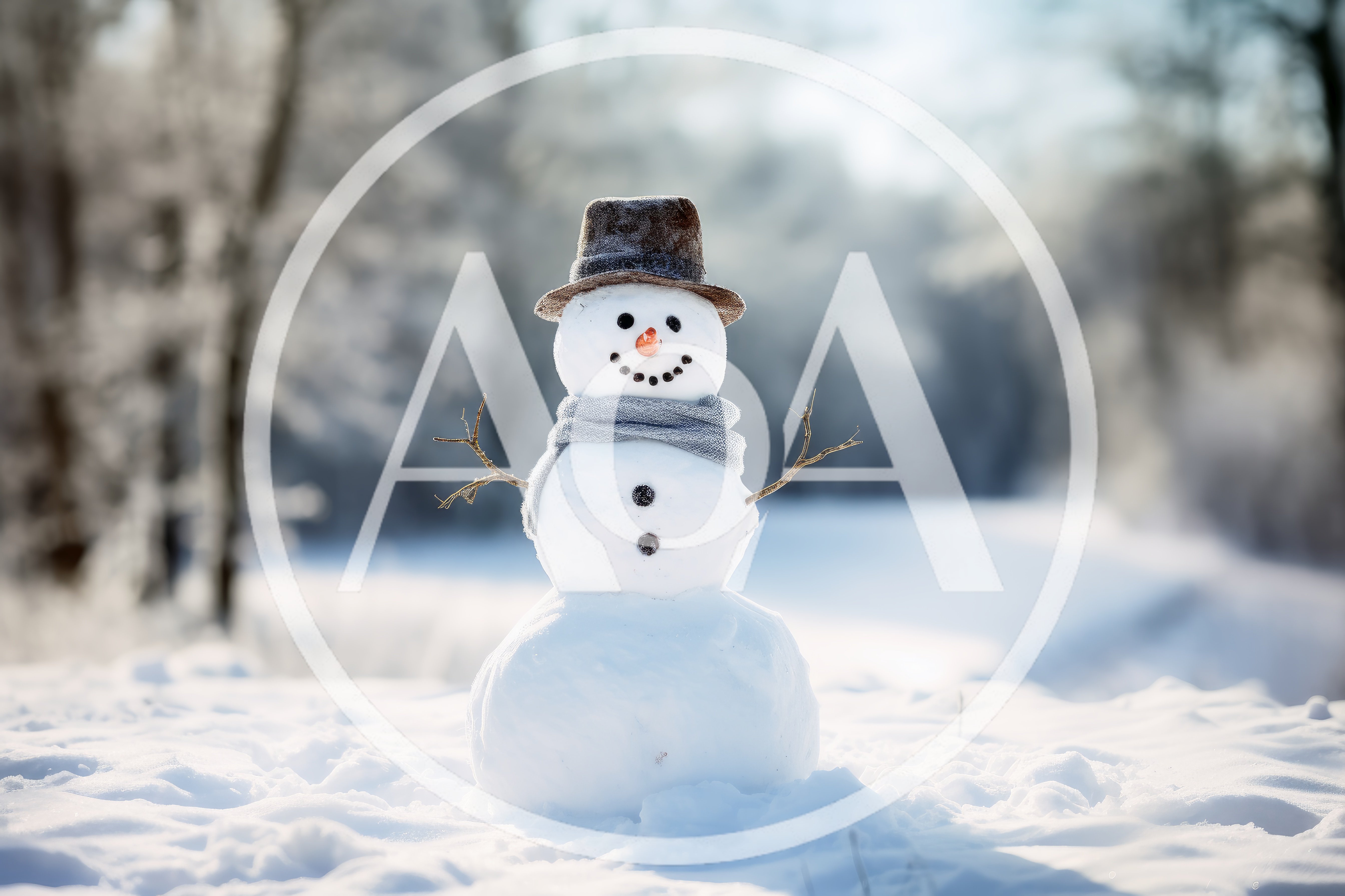 Classic Snowman Standing In A Snowy Winter Forest