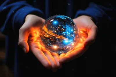 Hands Holding A Glowing Cosmic Crystal Ball