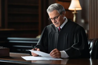 Judge Reviewing Legal Documents In A Professional Law Office