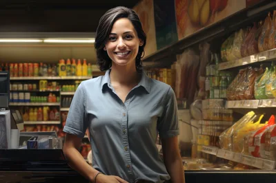 Friendly Female Cashier Smiling At Grocery Store Checkout