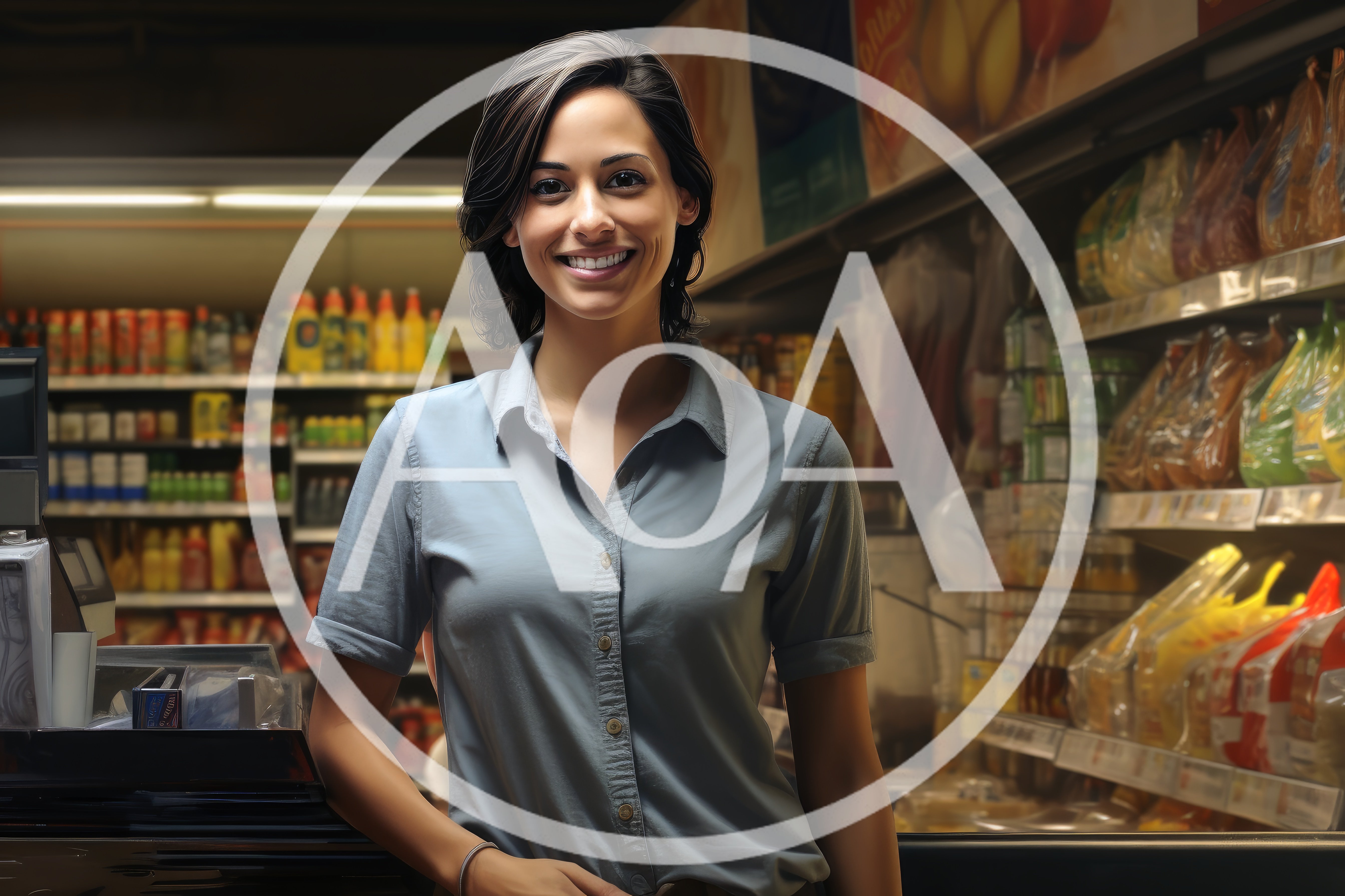 Friendly Female Cashier Smiling At Grocery Store Checkout