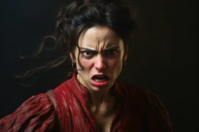 Portrait Of An Angry Woman In A Red Dress