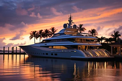 Luxury Superyacht Docked at Sunset in Tropical Marina