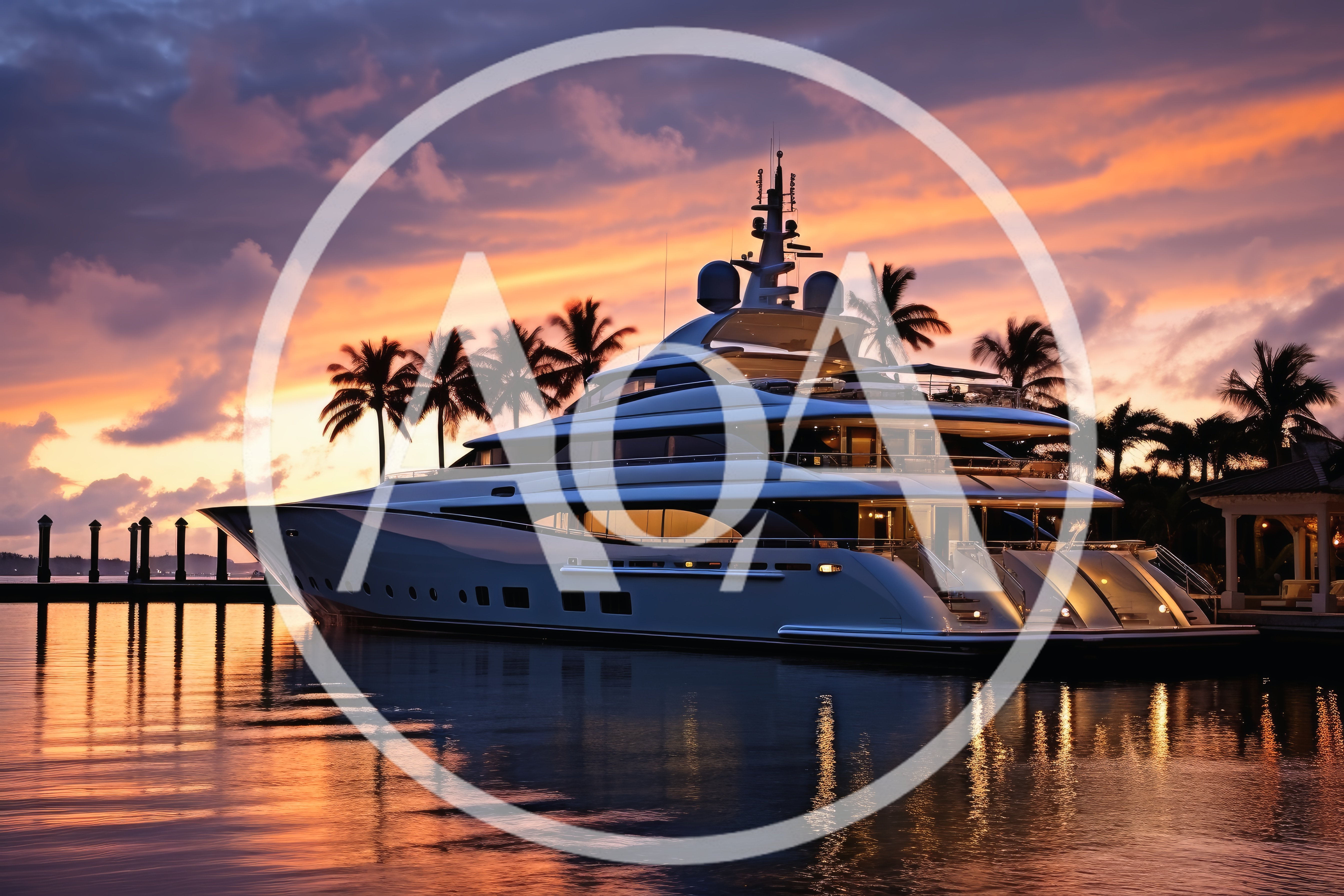 Luxury Superyacht Docked at Sunset in Tropical Marina