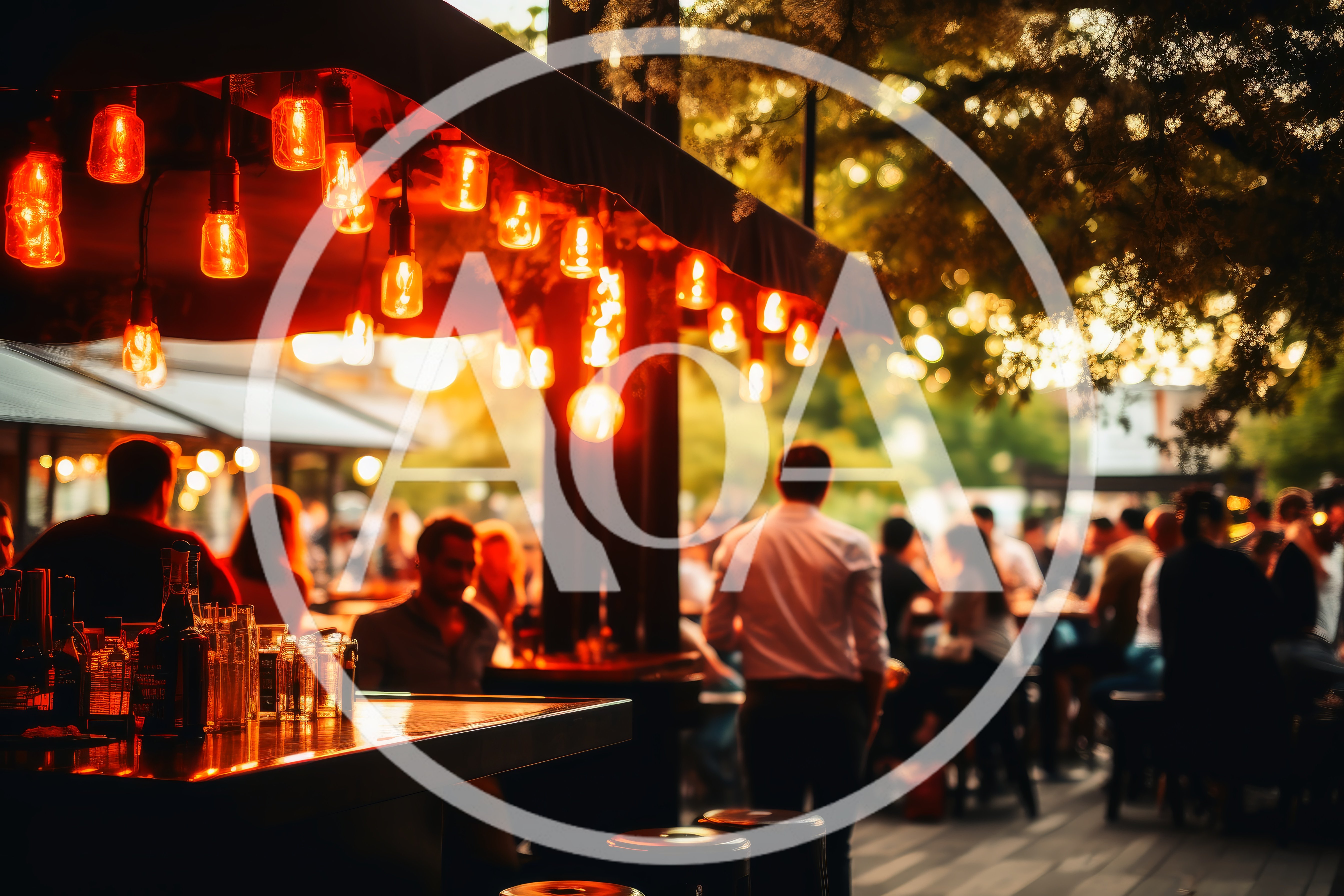 Outdoor Bar Scene With Warm String Lighting At Sunset