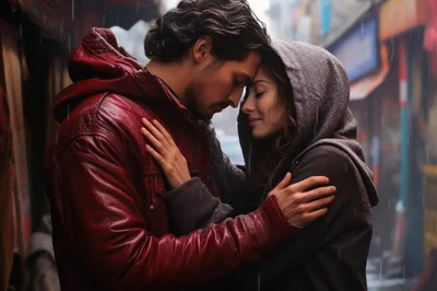 Couple Embracing Intimately In The Rain