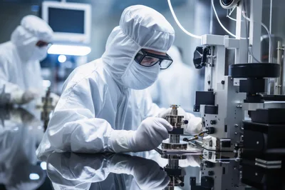 Scientist Working With Precision Equipment In Cleanroom Laboratory