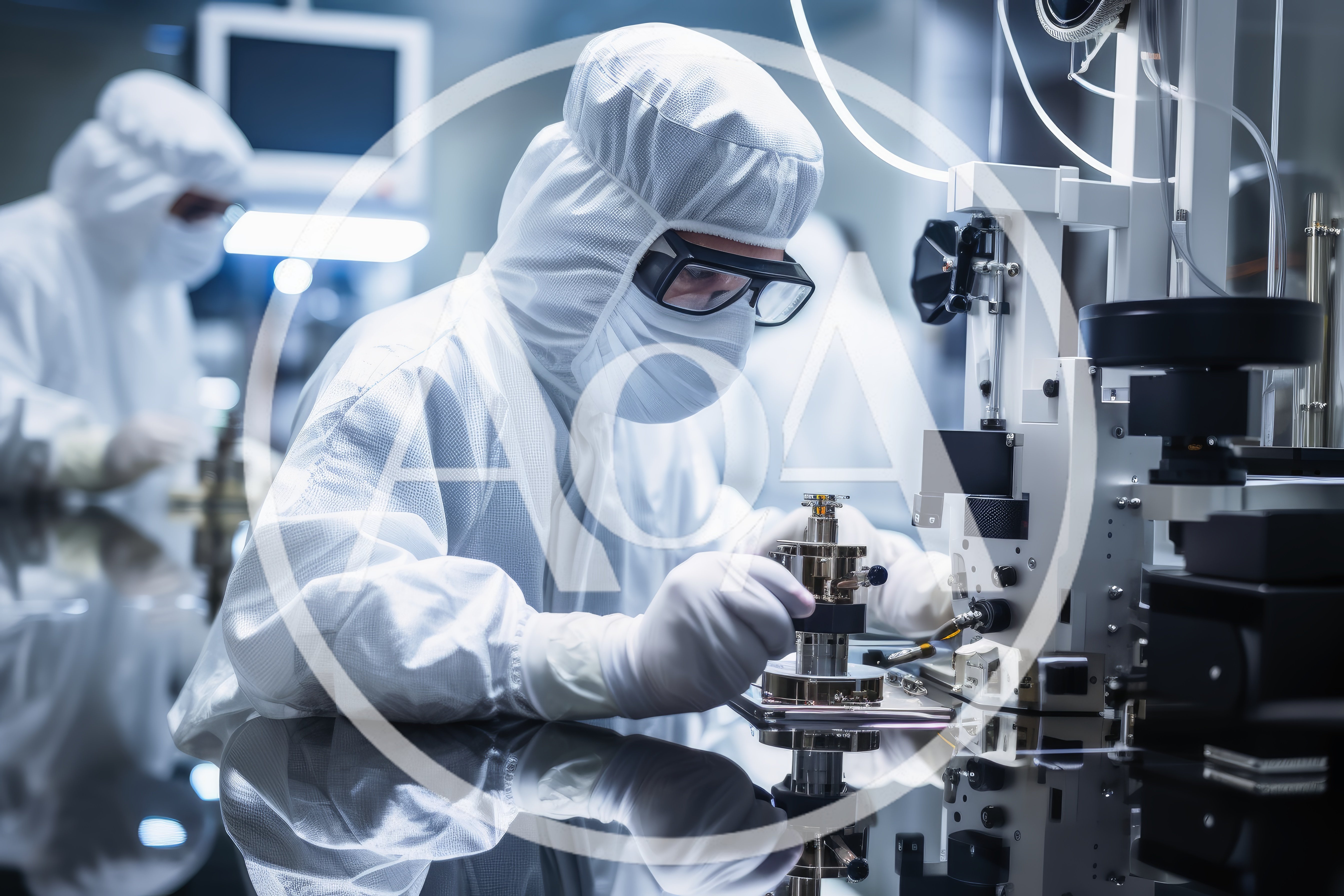 Scientist Working With Precision Equipment In Cleanroom Laboratory