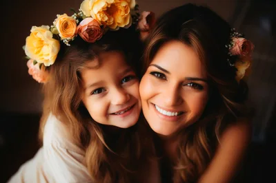 Mother and Daughter Wearing Floral Crowns Smiling Together