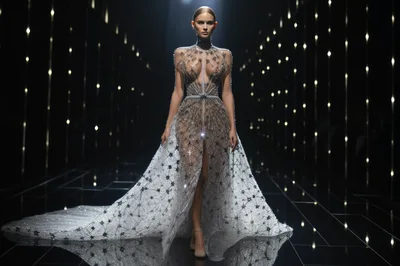 Model Walking In A Sheer Star Embellished Couture Gown