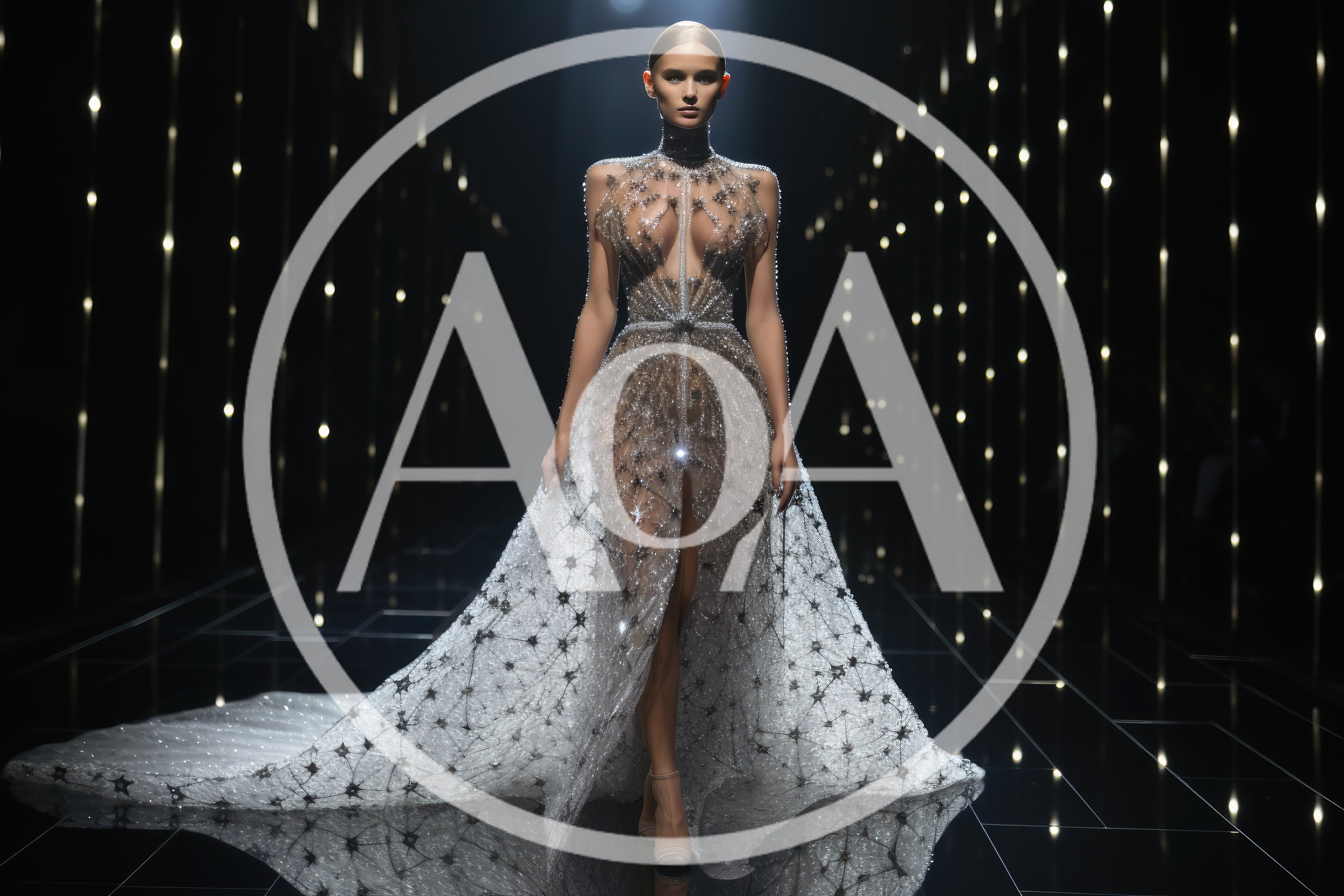 Model Walking In A Sheer Star Embellished Couture Gown