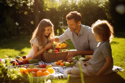Father and Children Having a Picnic in a Sunny Garden