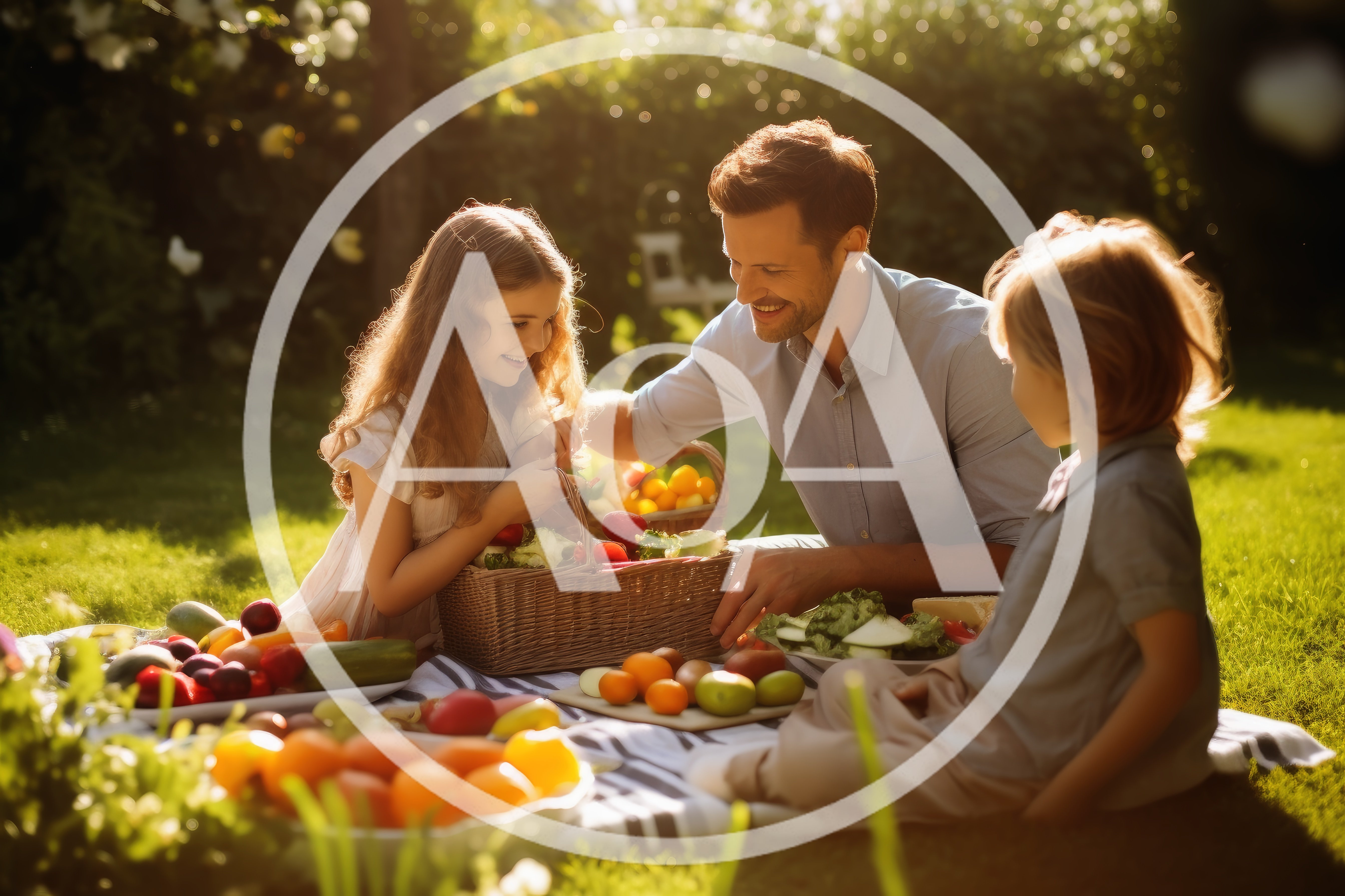 Father and Children Having a Picnic in a Sunny Garden