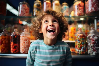 Excited Young Boy Looking Up At Candy Jars