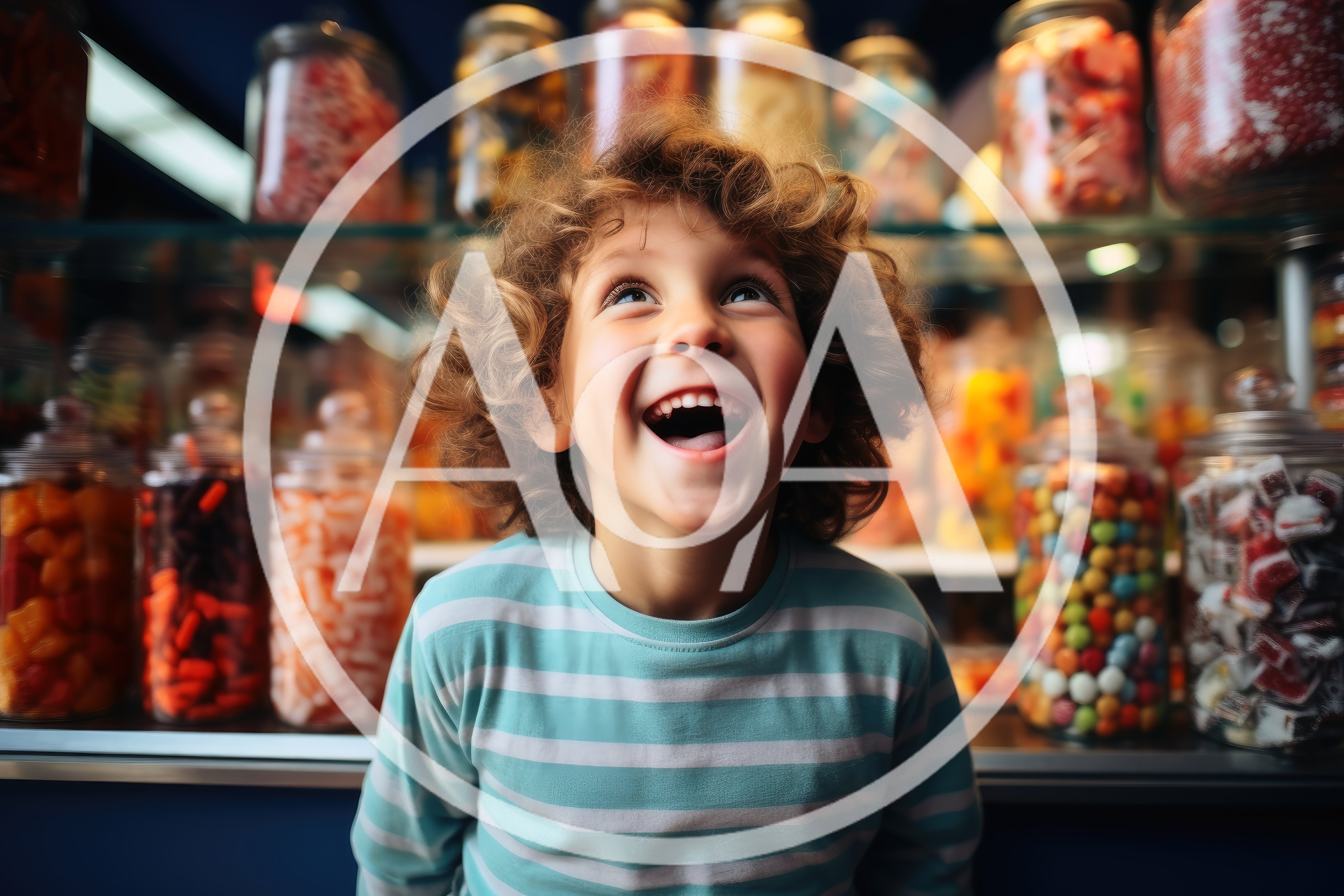 Excited Young Boy Looking Up At Candy Jars
