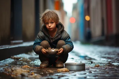 Homeless Child Sitting In A Muddy Alleyway