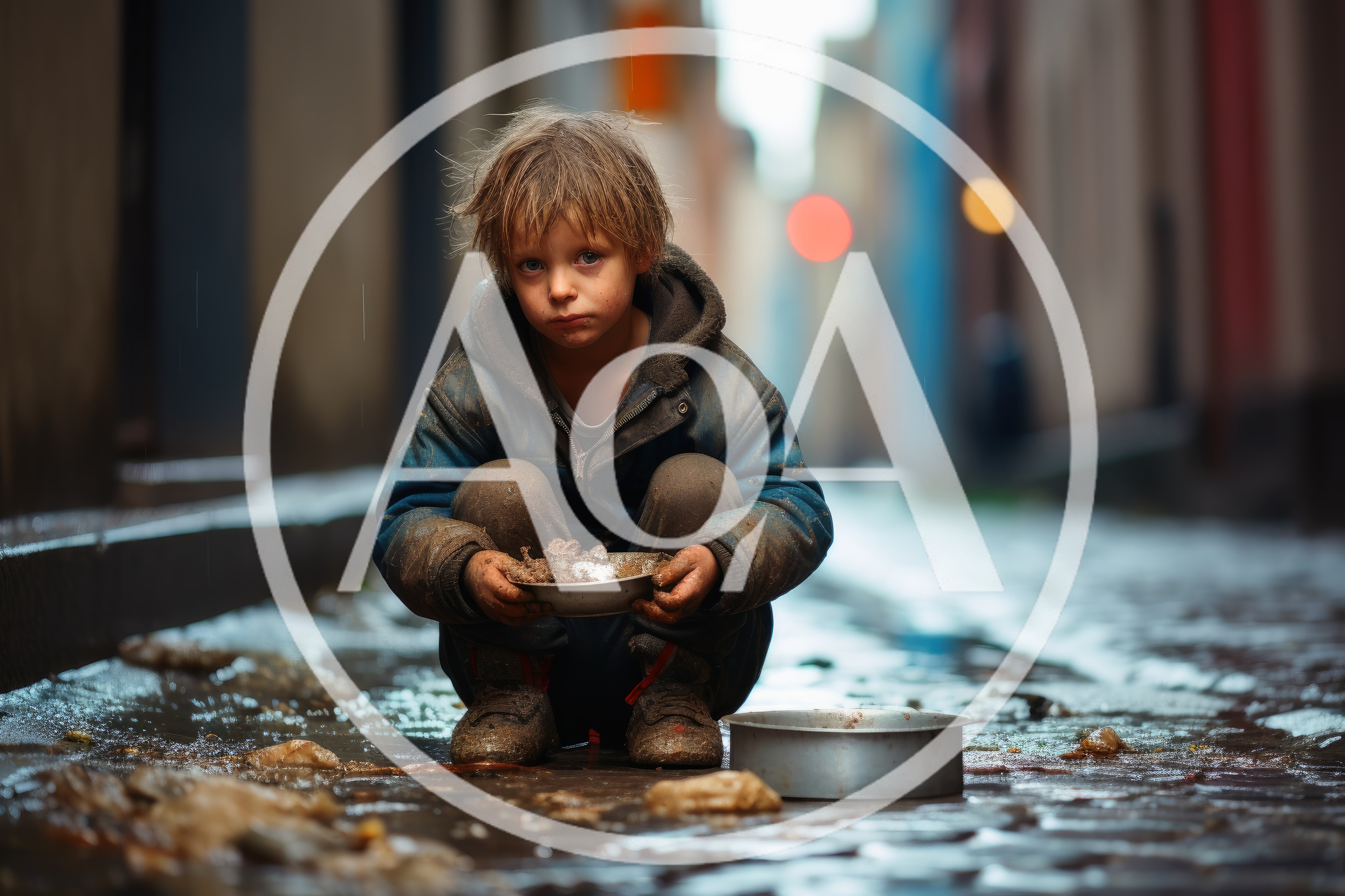 Homeless Child Sitting In A Muddy Alleyway