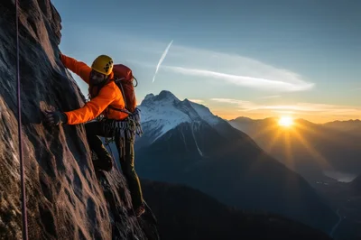 Rock Climber Ascending Steep Mountain Face At Sunset