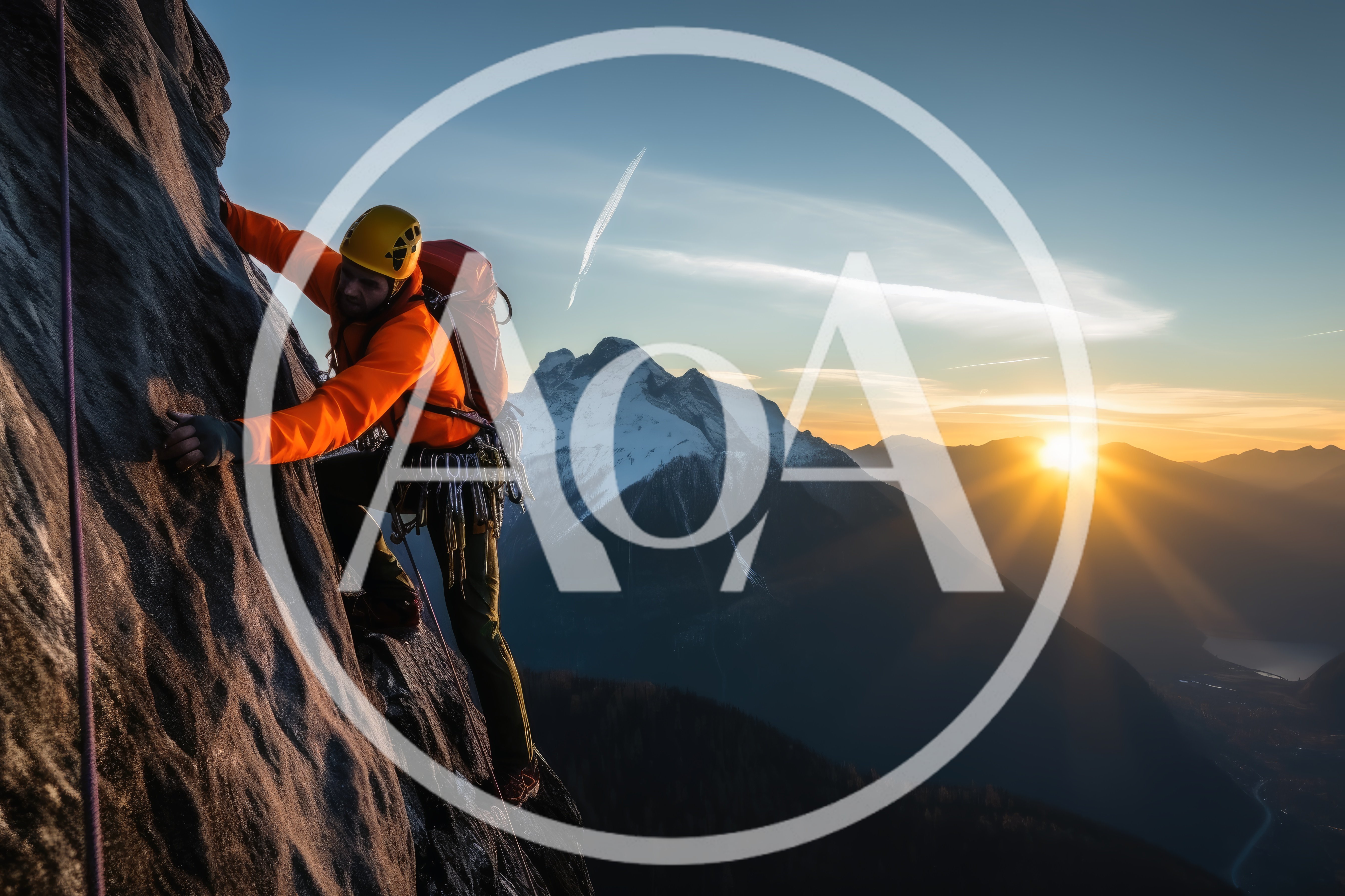 Rock Climber Ascending Steep Mountain Face At Sunset