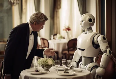 Man In Tuxedo Dining With A Humanoid Robot
