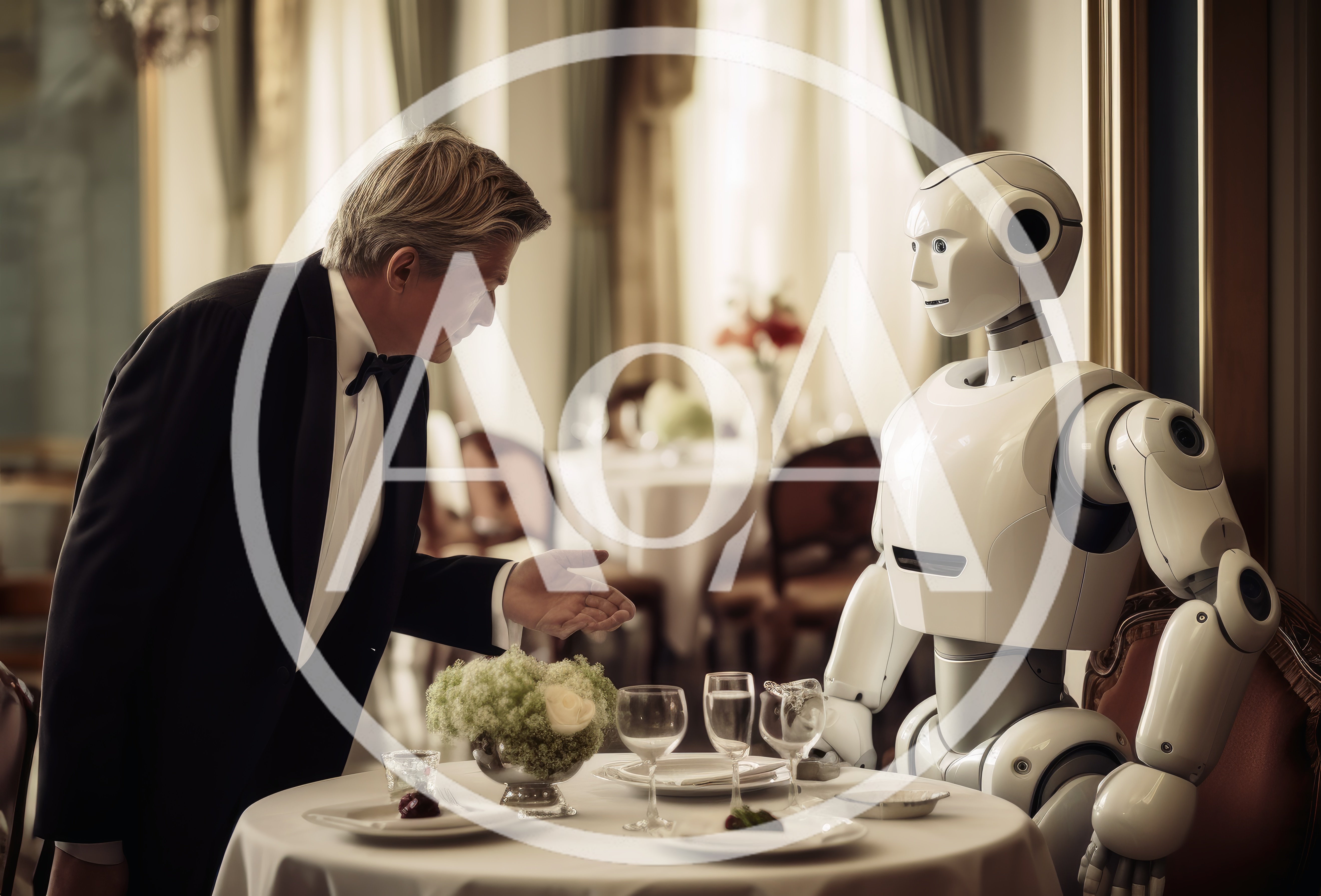 Man In Tuxedo Dining With A Humanoid Robot