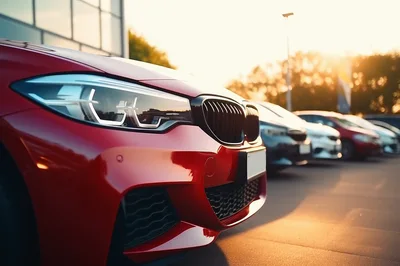 Red BMW Sedan Parked at Dealership Lot