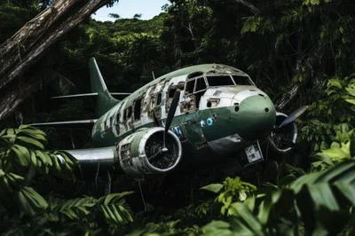 Abandoned Vintage Airplane Wreckage In Dense Tropical Jungle