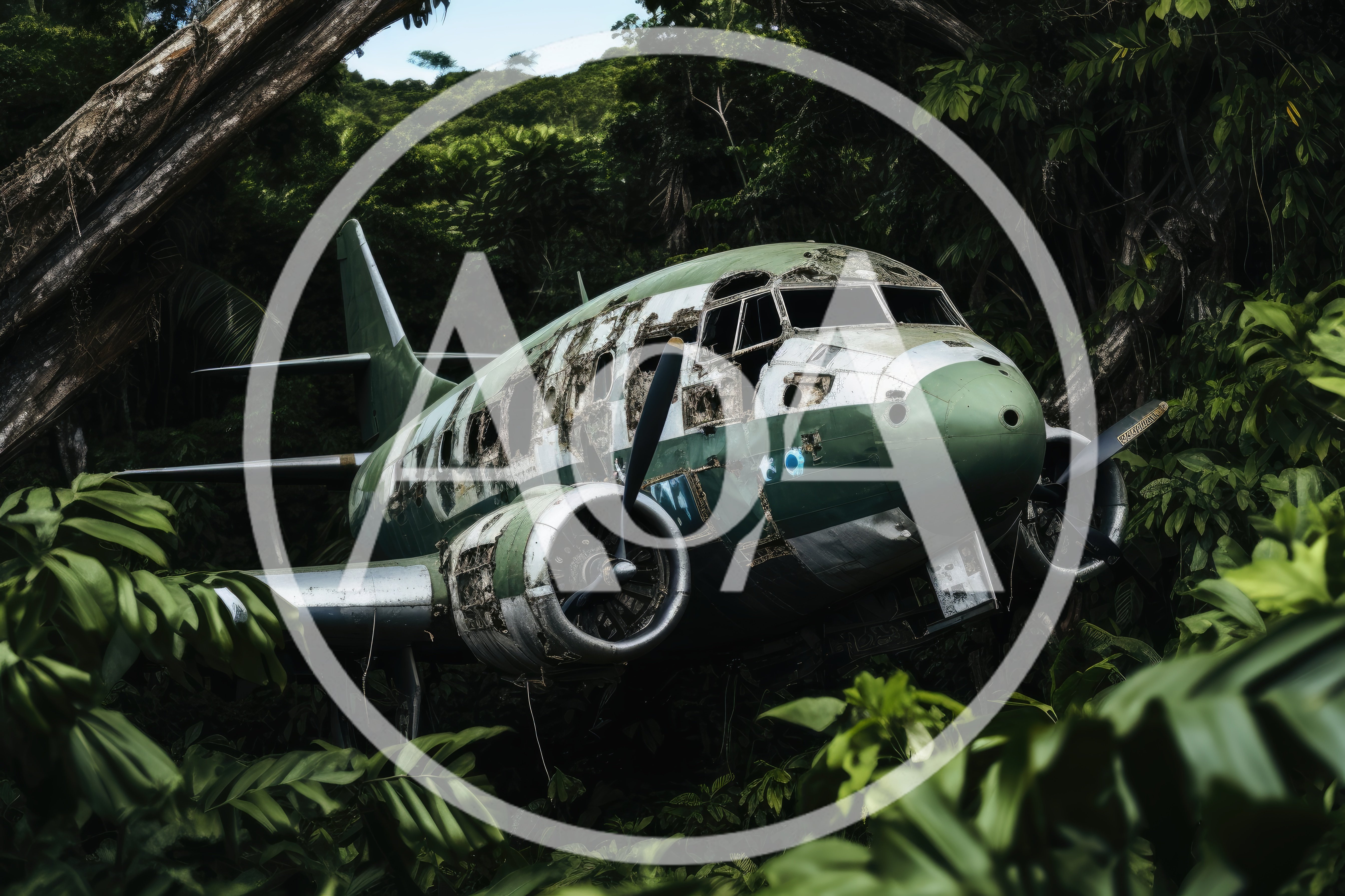 Abandoned Vintage Airplane Wreckage In Dense Tropical Jungle