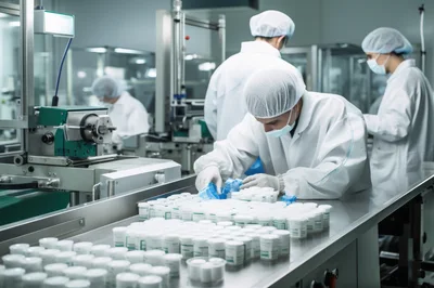 Pharmaceutical Workers Inspecting Medicine Containers On Production Line